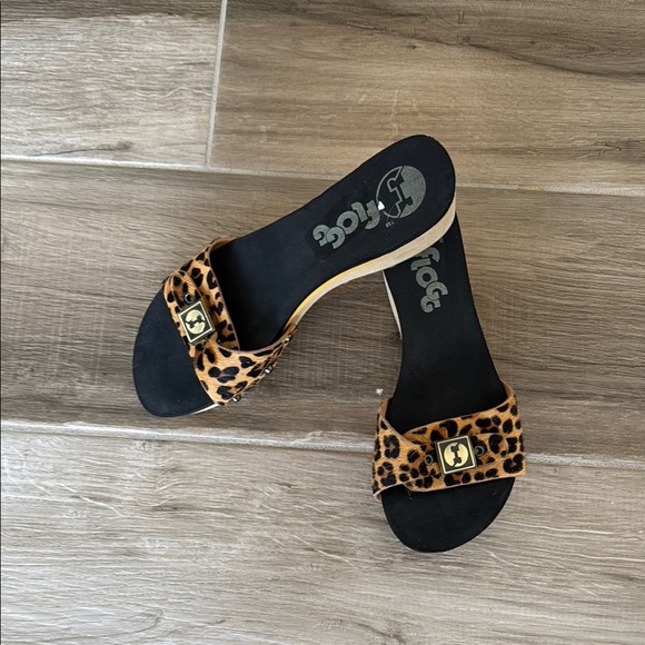 Flogg 6 1/2 Melanie calf hair animal print wood heel clog slide sandals - Picture 1 of 7